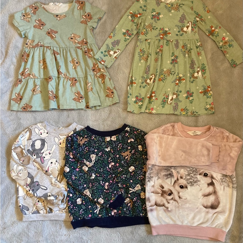 H&M Bundle Girls Sweatshirts & Dresses - Bunnies, animals, size 5/6